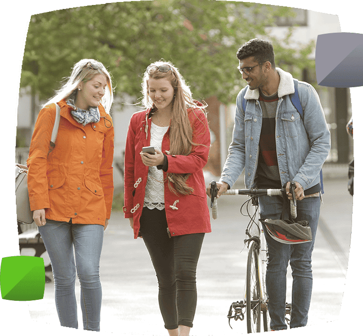 group of students walking through town