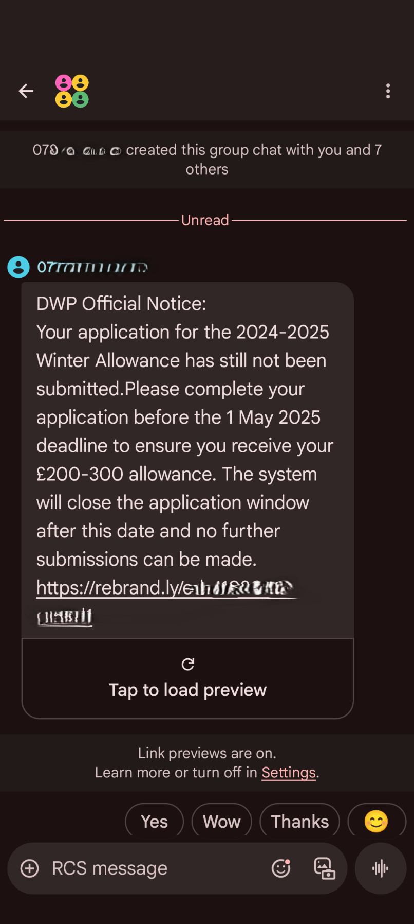 Screenshot of phone with group text message