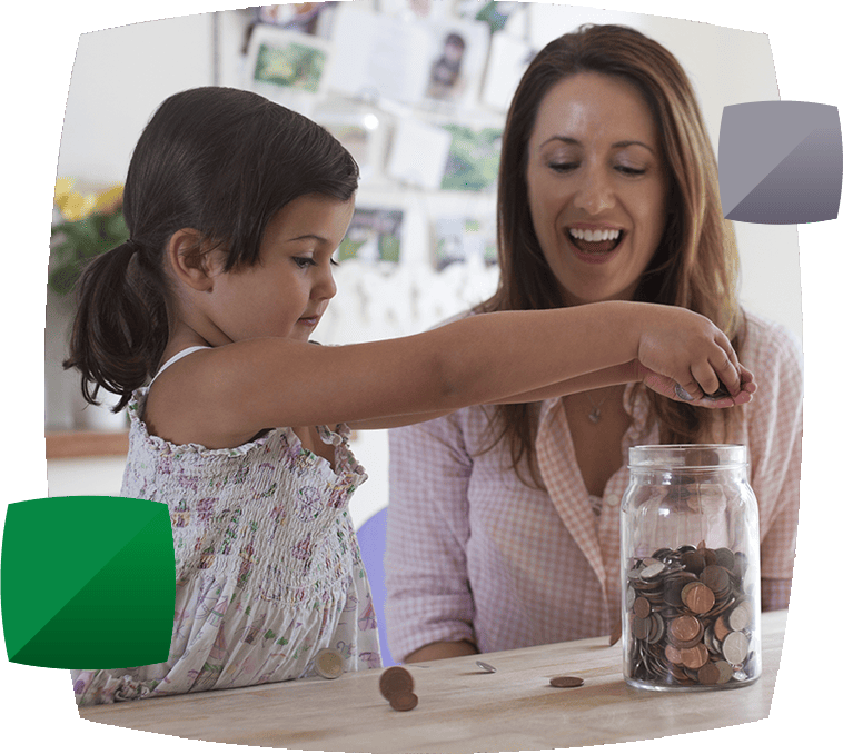 Money and daughter putting coins in a jar
