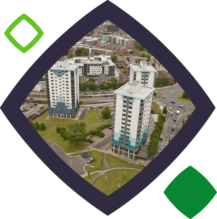 Bird's eye view of a high rise development in squircle